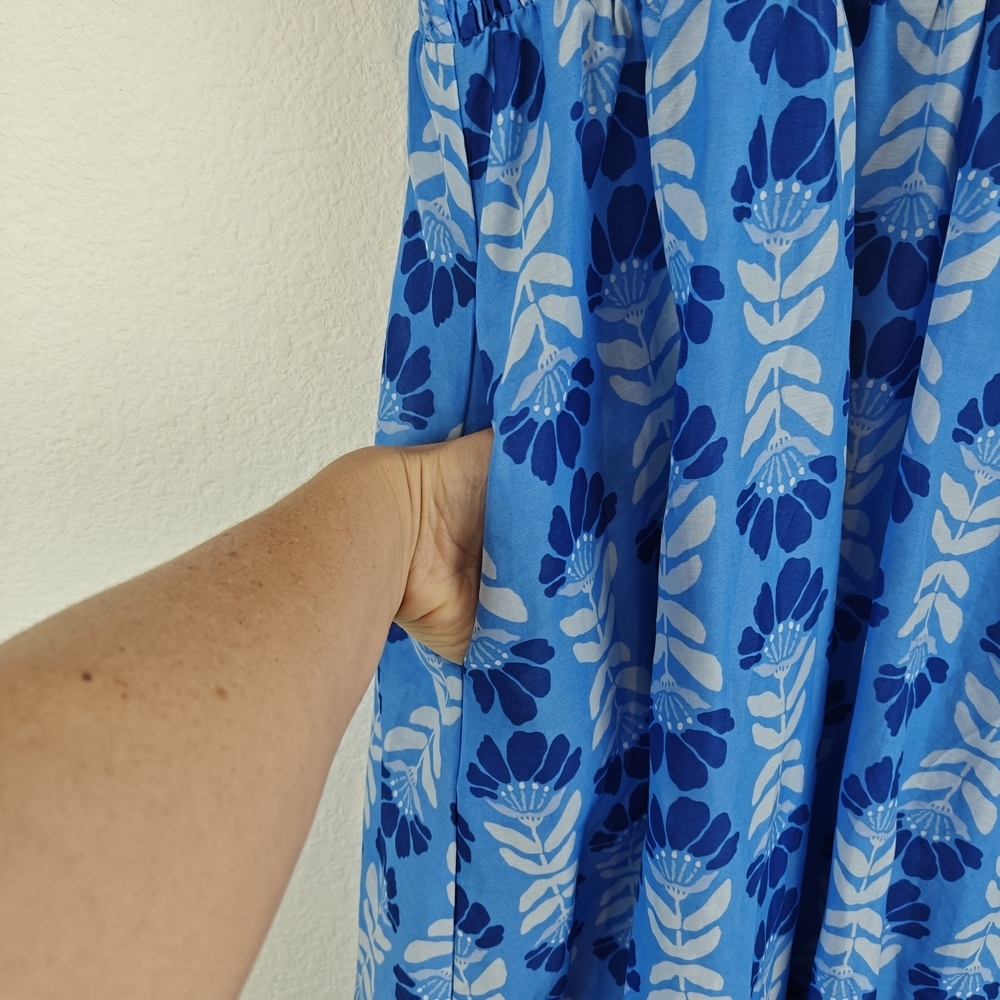 J. Marie Nwot The Luna Ruched Midi Floral Blue Dress Ruffle Sleeves Sz Medium - Picture 12 of 16